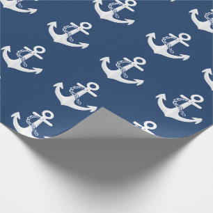 Papier Cadeau Symbole nautique d'ancre Classique Blanc Bleu mari