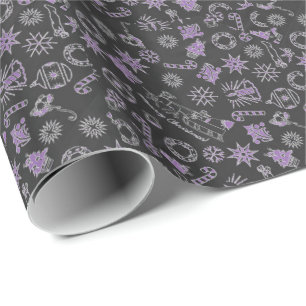 Papier Cadeau Symboles Joyeux Noël noir violet Père Noël