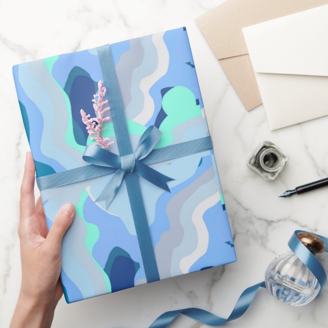 Papier Cadeau Symétrie Abstraite avec courbes de flux bleu (Cadeaux)