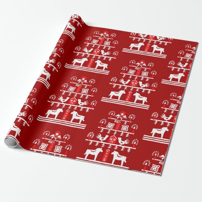Papier Cadeau Sympa Festif Scandi Rouge Blanc Arbre de Noël (Déroulé)