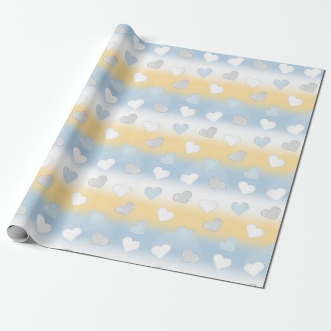 Papier Cadeau Sympathique Jaune, Blanc et Bleu Coeur Motif (Déroulé)