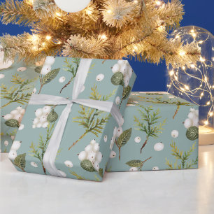 Papier Cadeau Symphorine blanche et branches de cèdre vert paste
