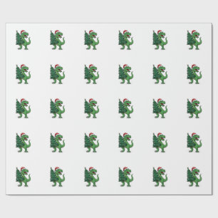 Papier Cadeau T-Rex de Noël portant un sapin de Noël