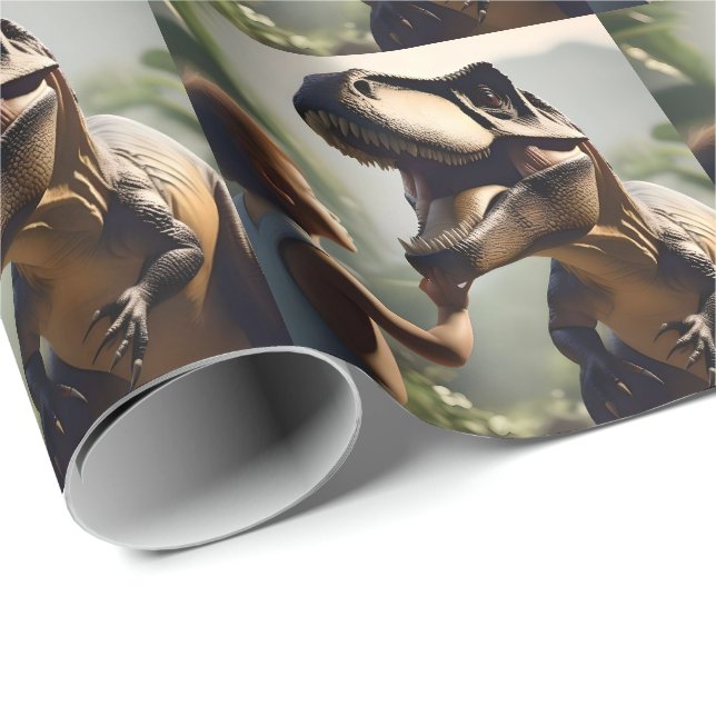 Papier Cadeau T-rex Dinosaures Aime Un Pat, (Coin rond)