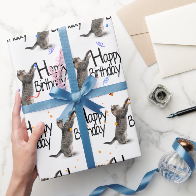 Papier Cadeau Tabby Cat avec texte d'anniversaire et Confetti (Cadeaux)