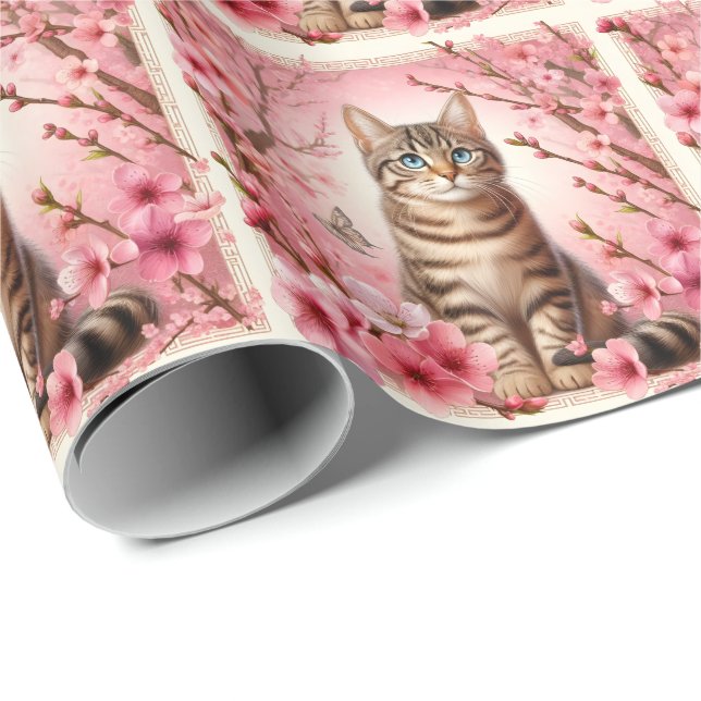 Papier Cadeau Tabby Chat Japonais Cerisier Fleur Kitten (Coin rond)