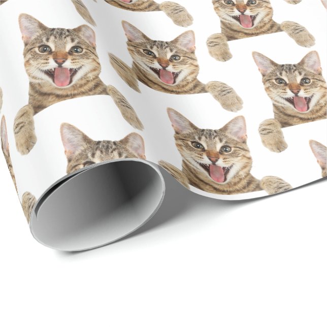 Papier Cadeau tabby chat souriant sur blanc (Coin rond)
