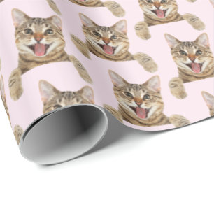 Papier Cadeau tabby chat souriant sur rose