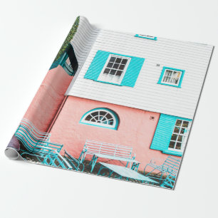 Papier Cadeau TABLE ET BANC turquoise ET GRIS BORDANT BLANC ET O