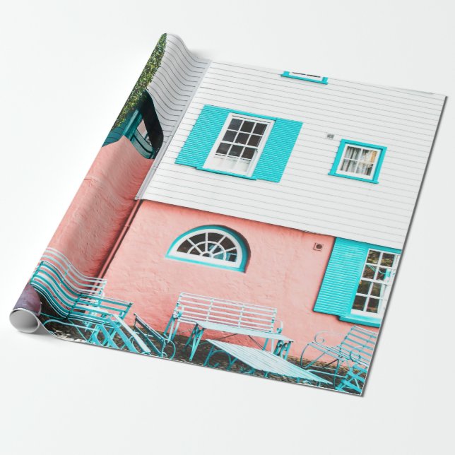 Papier Cadeau TABLE ET BANC turquoise ET GRIS BORDANT BLANC ET O (Déroulé)