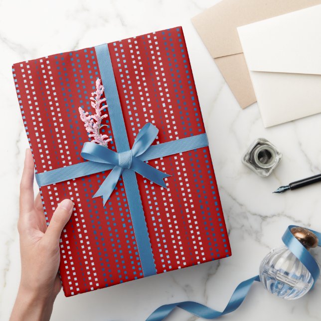 Papier Cadeau Taches de bleu foncé avec fond rouge (modifiable)  (Cadeaux)