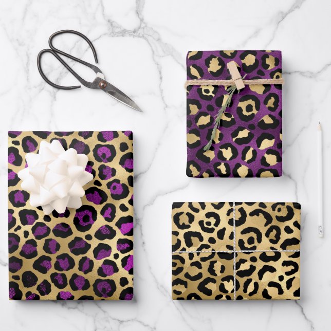 Papier Cadeau Taches de léopard en feuille de style violet et or (Recto)