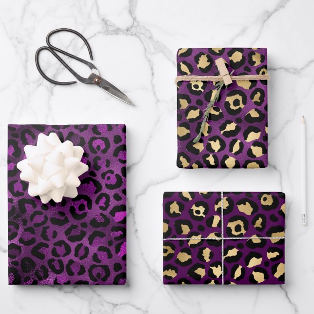 Papier Cadeau Taches de léopard en feuille d'or et violet stylé  (Recto)