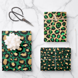 Papier Cadeau Taches de léopard en feuille d'or verte élégante S