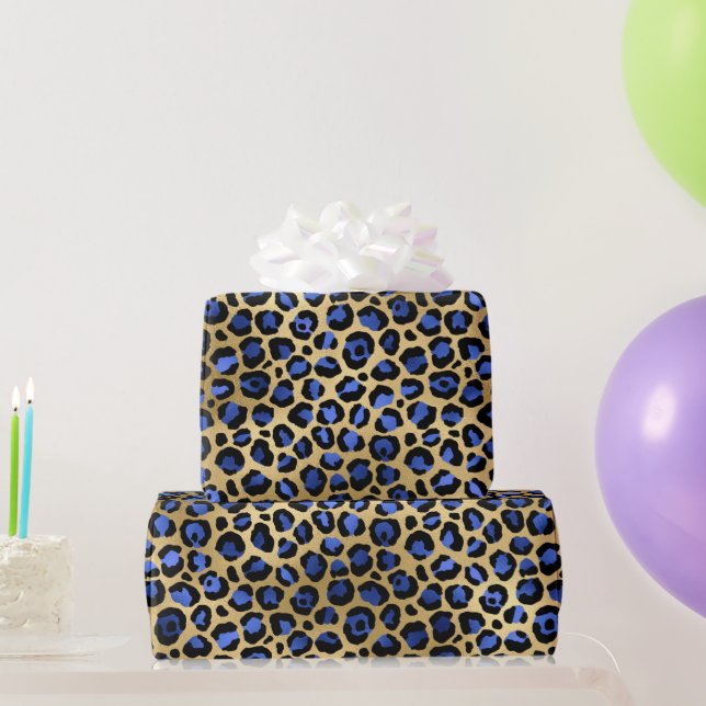 Papier Cadeau Taches de léopard en feuille dorée et bleu de styl (Cadeaux de fête)
