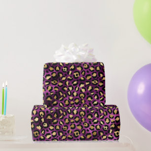 Papier Cadeau Taches de léopard en feuille dorée et violette sty