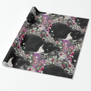 Papier Cadeau Taches de rousseur en fleurs II, chat blanc noir