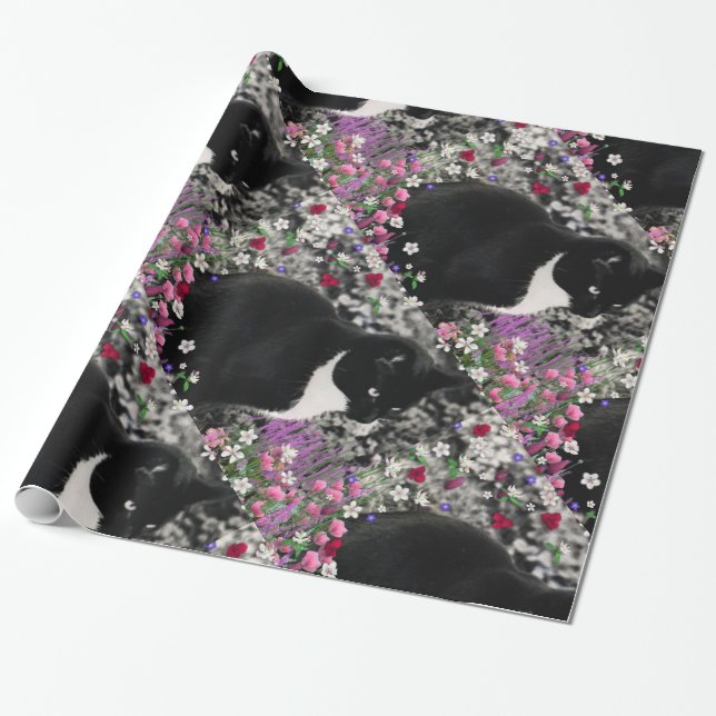 Papier Cadeau Taches de rousseur en fleurs II, chat blanc noir (Déroulé)