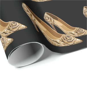 Papier Cadeau Talons Hauts Élégants avec Roses Dorées Noir Or