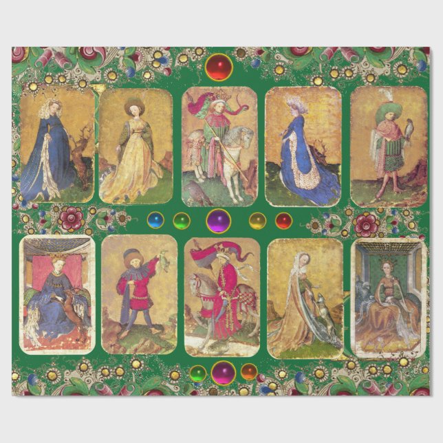 Papier Cadeau Tarots antiques, Cartes de cour allemandes, Vert F (Plat)