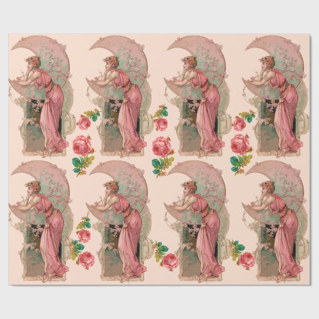 PAPIER CADEAU TAROTS / LADY DE LA LUNE, FLEURS ET ROSES ROSES RO (Plat)