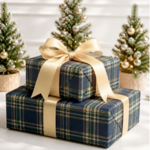 Papier Cadeau Tartan à carreaux de Noël classique navy et vert f