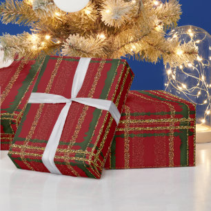 Papier Cadeau Tartan de Noël Rouge, Vert et Or Pailleté