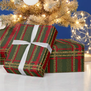 Papier Cadeau Tartan de Noël Rouge, Vert et Or Pailleté