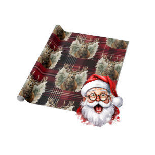Papier Cadeau Tartan écossais de Noël rouge foncé renne