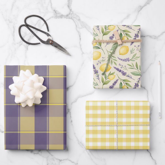 Papier cadeau tartan jaune citron lavande (Recto)