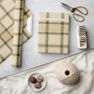 Papier Cadeau Tartan Luxe Vert Crème & Or Élégant Neutre