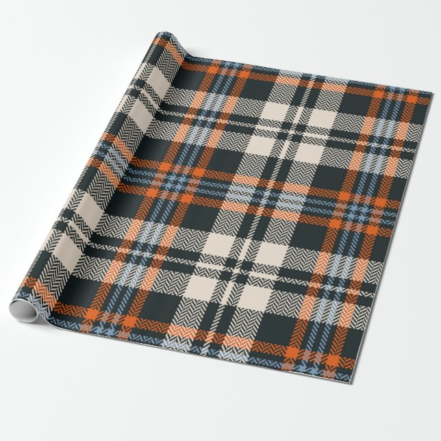 Papier Cadeau Tartan plaid automne motif en noir, orange, bleu (Déroulé)