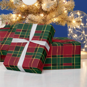 Papier Cadeau Tartan Rouge et Vert de Noël Hiver & Feuille d'Or