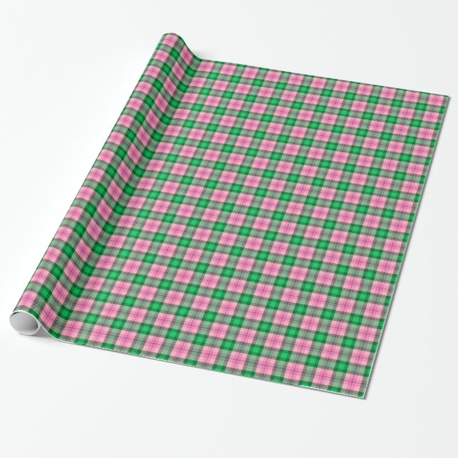 Papier Cadeau Tartan vert de la forêt d'Emeraude rose chaud (Déroulé)