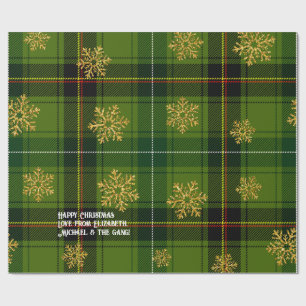 Papier Cadeau Tartan Vert Flocon de Neige Or Noël Personnalisé