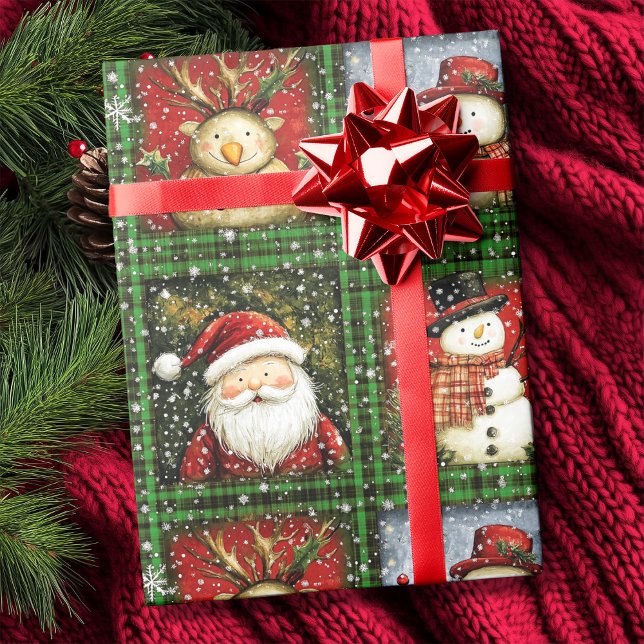 Papier Cadeau Tartan vert Père Noël Snowman Reindee Noël (Green Tartan Santa Snowman Reindeer Christmas Wrapping Paper)