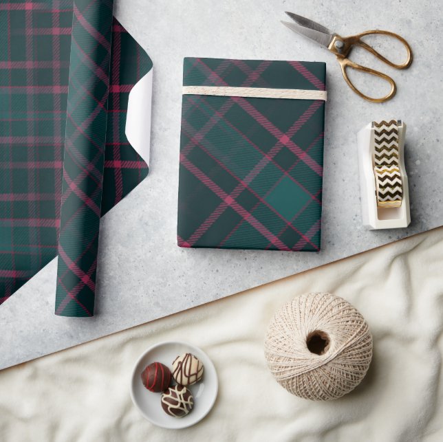 Papier Cadeau Tartan Vert & Rose | Noël Carreaux Modernes (Artisanat)