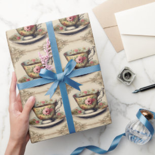 Papier Cadeau Tasse à thé florale vintage de style campagne fran