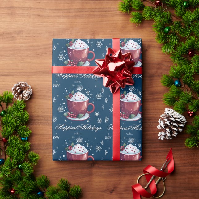 Papier Cadeau Tasse de chocolat chaud de Noël | Bleu (Cadeau de vacances)
