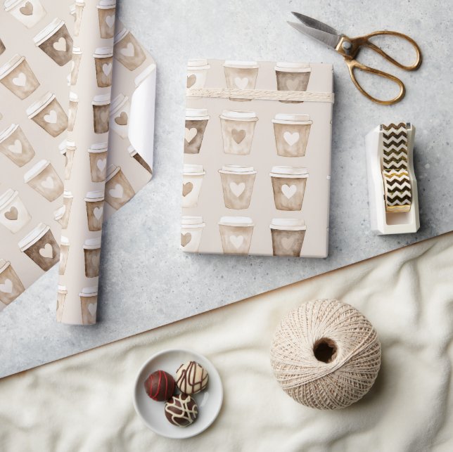 Papier Cadeau Tasses à café cœur crème (Artisanat)