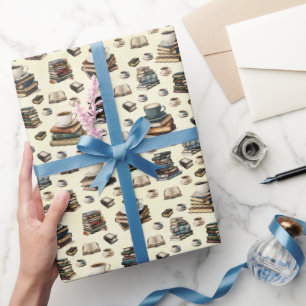 Papier Cadeau Tasses à café et livres sur fond jaune clair