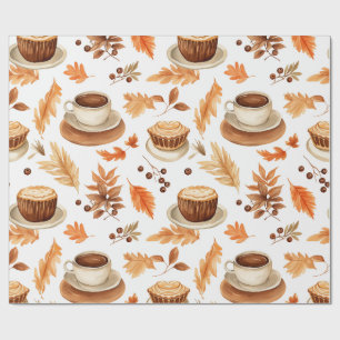 Papier Cadeau Tasses de café et feuilles d'automne cosy dans des