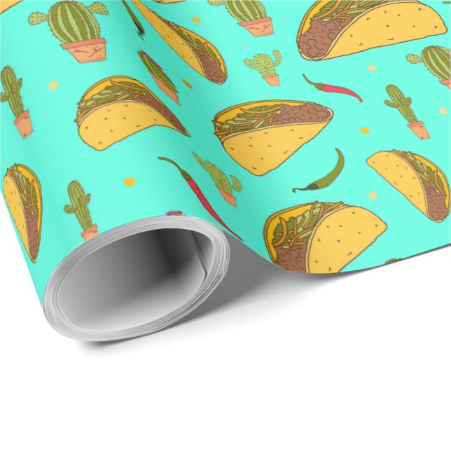Papier Cadeau Tasty Tacos et Chilis Motif alimentaire mexicain (Coin rond)