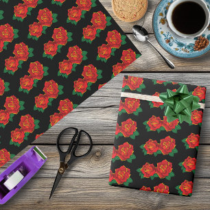 Papier Cadeau Tatouage de roses traditionnelles rouges gras noir