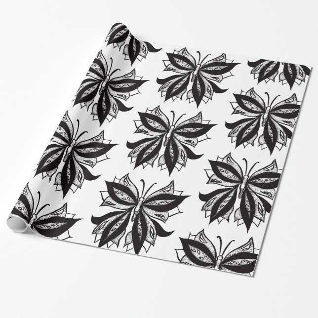 Papier Cadeau Tatouage Tribal Noir Et Blanc Papillon (Déroulé)