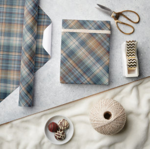 Papier Cadeau Taupe Brown Tartan bleu Turquoise traditionnel