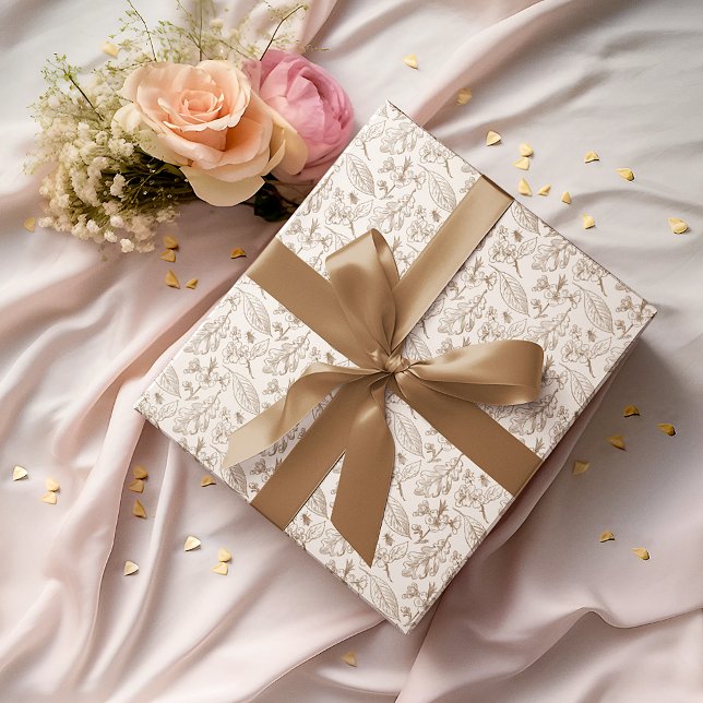 Papier Cadeau Taupe Feuille Brown Motif Floral Sur Iivoire Ecru (Créateur téléchargé)