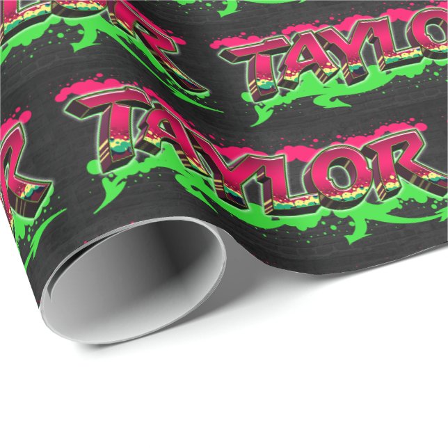 Papier Cadeau Taylor prénom nom Graffiti rouge vert (Coin rond)