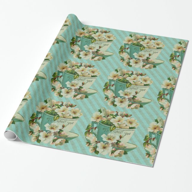 Papier Cadeau Tea Cup aux fleurs Illustration Vintage (Déroulé)