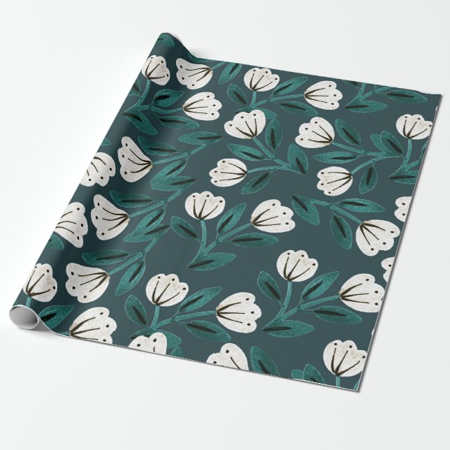 Papier Cadeau Teal et blanc floral (Déroulé)
